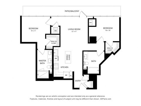 Floor plan for 2 beds, 2 baths, 1058 sqft